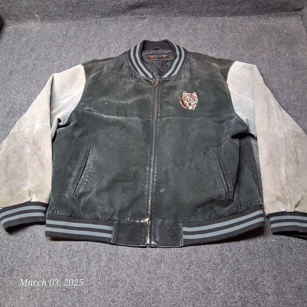 ** VTG Guide Gear Leather Stadium Jacket Wold‎ Embroidered Size XXL Black Gray